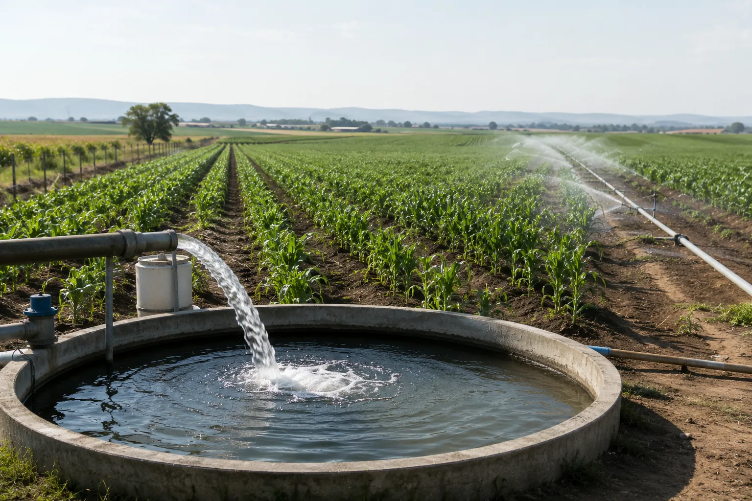 Windwasserpumpe in den Firmenfarben Grün und Gelb bewässert ein landwirtschaftliches Feld