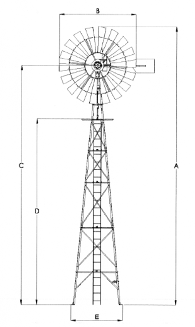 Maßzeichnung der Windwasserpumpe W 3009 mit Bemaßung A bis E