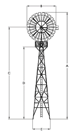 Maßzeichnung der Windwasserpumpe W 4012 mit Bemaßung A bis E